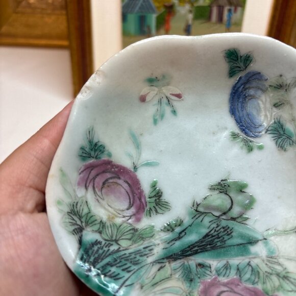 Antique Chinese Footed Dish w/ Flowers Bird Unmarked Sold As Is About 4.5” Width - Picture 3 of 15